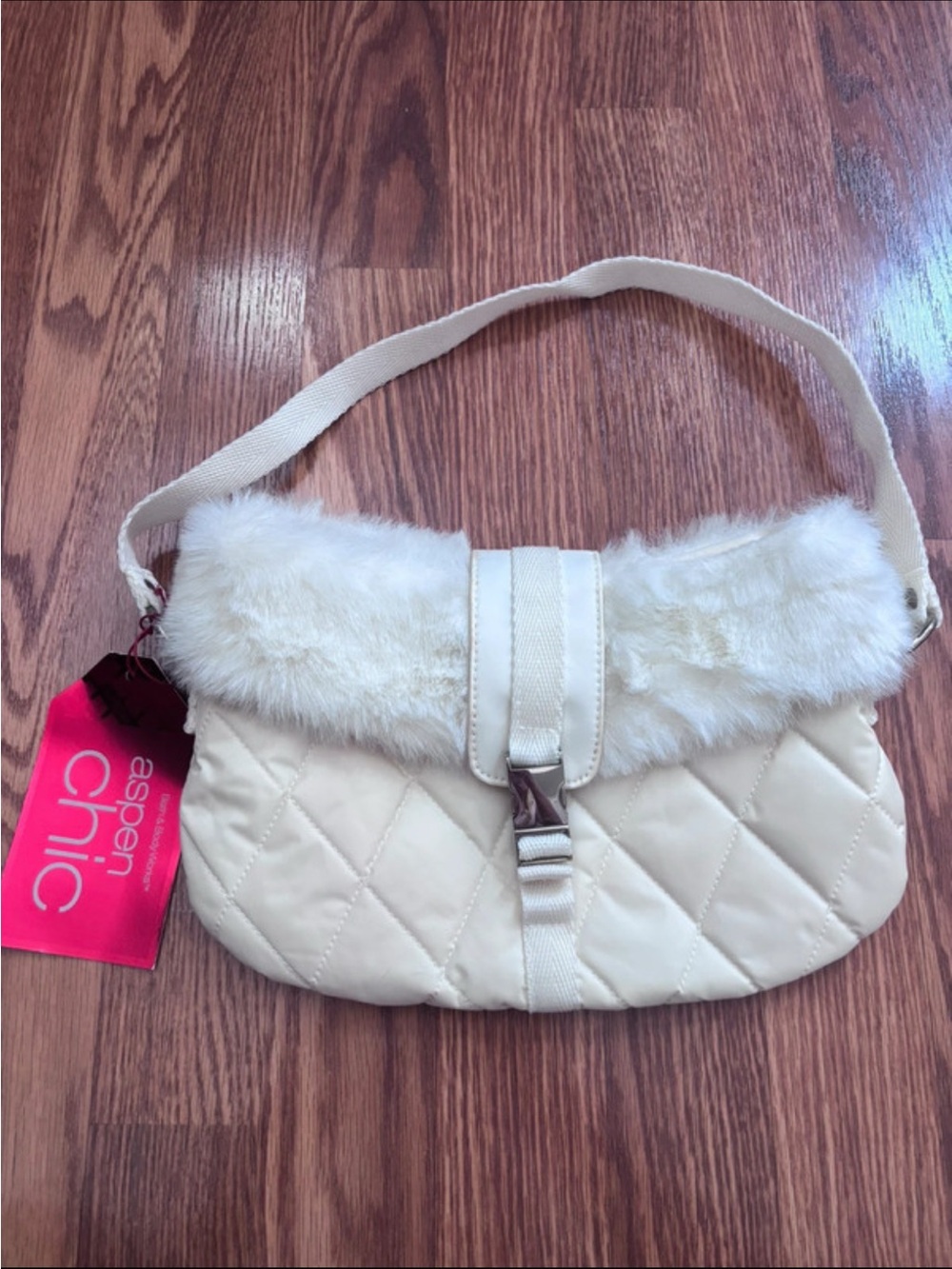 Bath & Body Works Cream Quilted Shoulder Bag with Faux Fur Trim